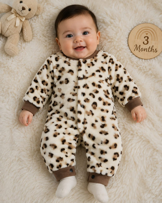 Cozy Leopard Print Plush Fur Baby Romper