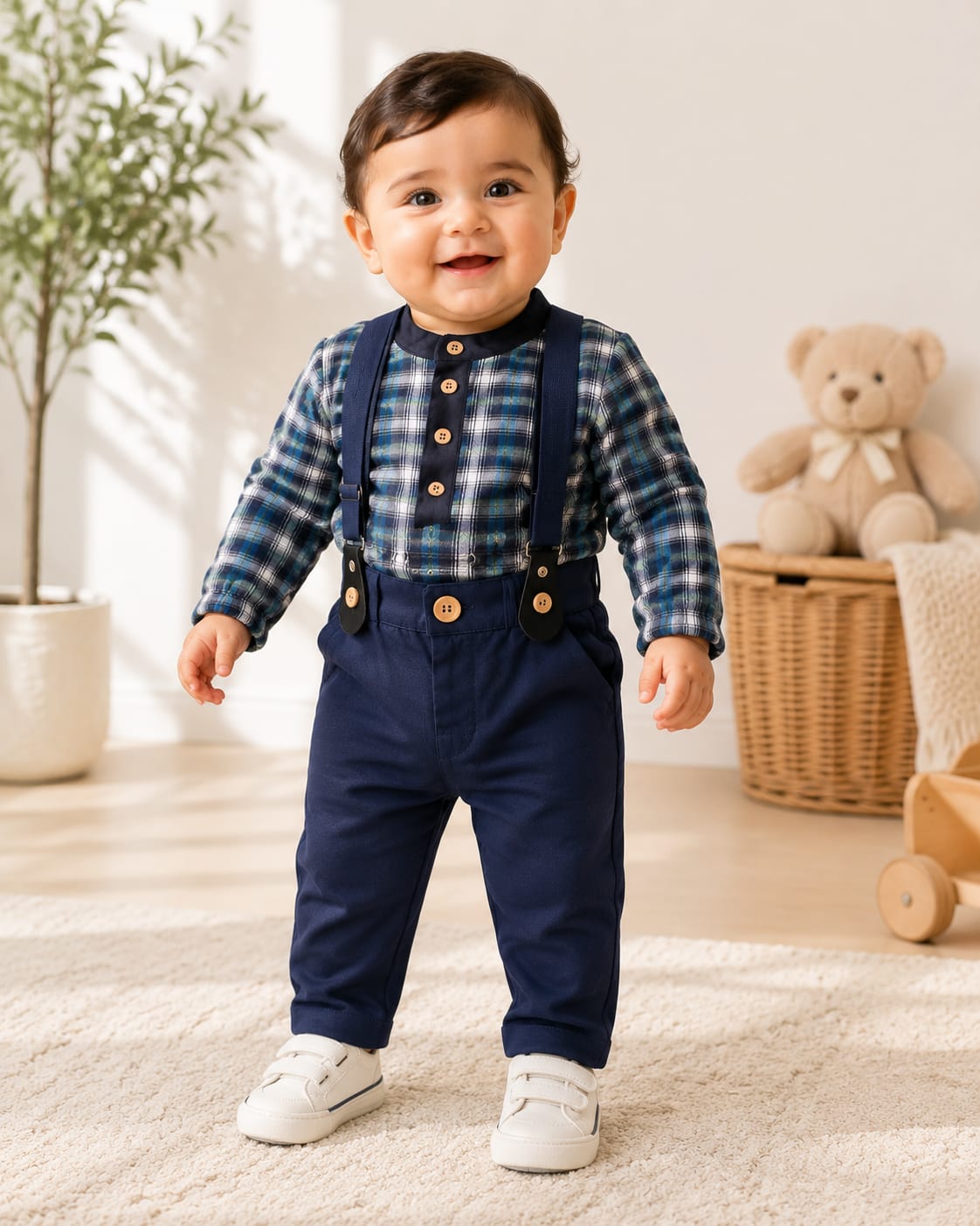 Navy Plaid Long-Sleeve Onesie with Suspender Trousers