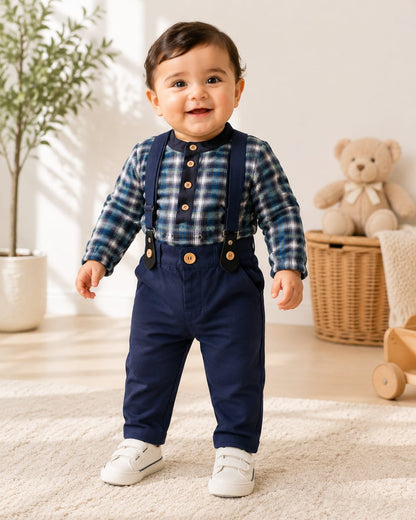 Navy Plaid Long-Sleeve Onesie with Suspender Trousers