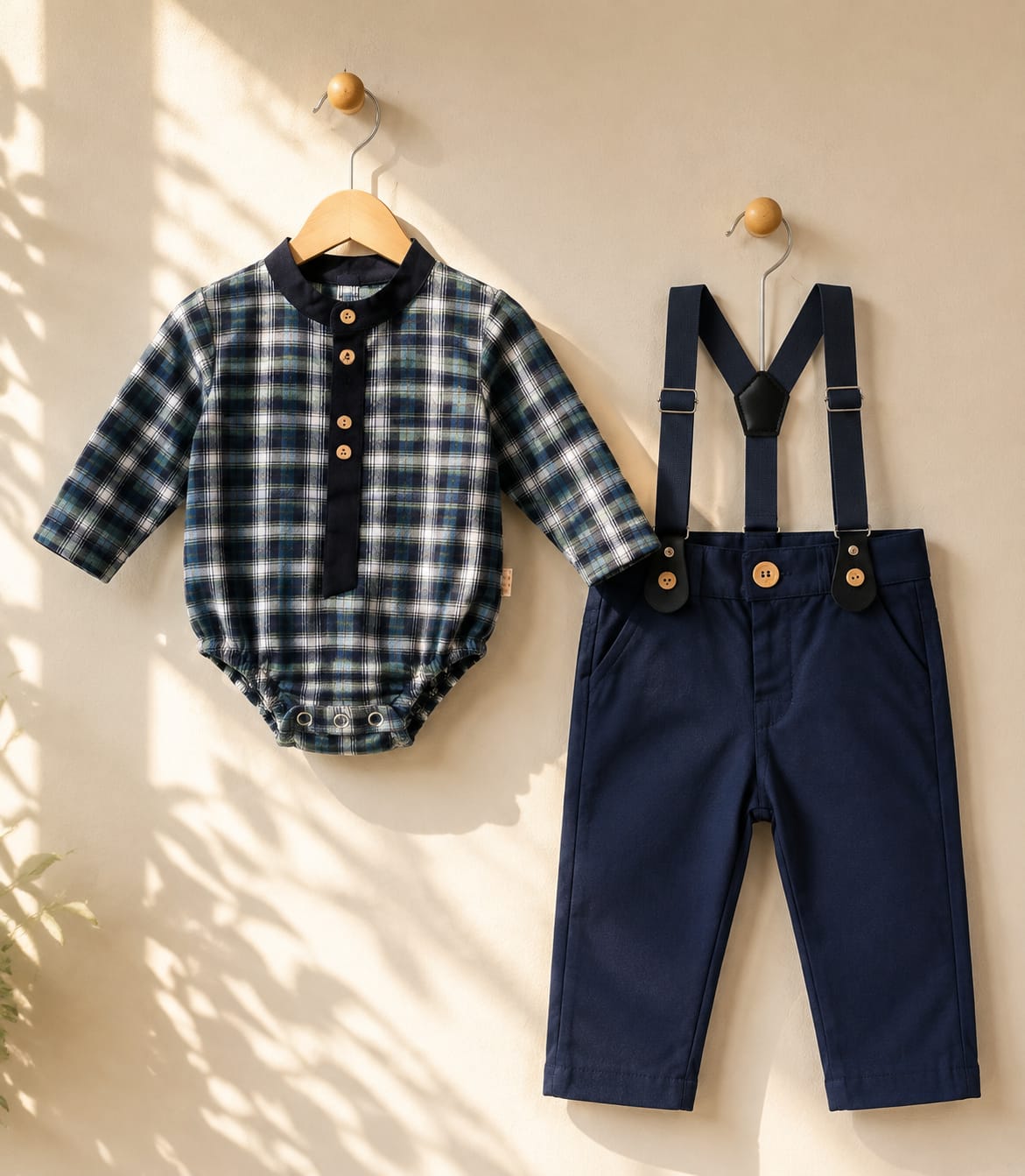 Navy Plaid Long-Sleeve Onesie with Suspender Trousers