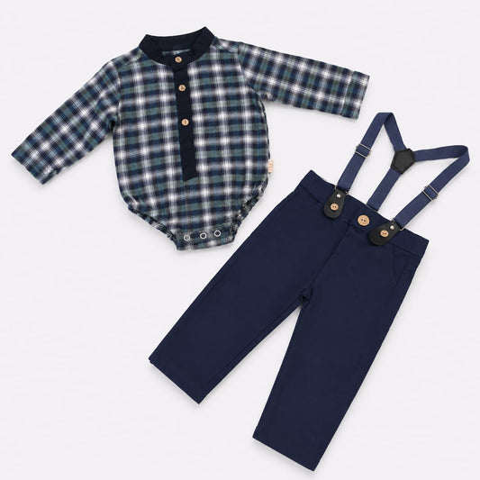 Navy Plaid Long-Sleeve Onesie with Suspender Trousers