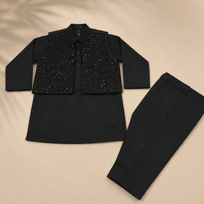 Baby Boy Royal Sequin Waistcoat Kurta Shalwar Set - Jet Black