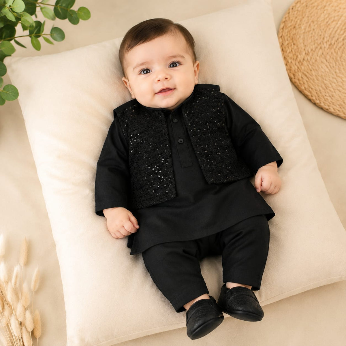 Baby Boy Royal Sequin Waistcoat Kurta Shalwar Set - Jet Black