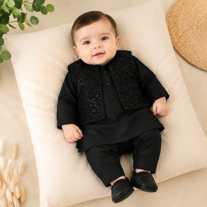 Baby Boy Royal Sequin Waistcoat Kurta Shalwar Set - Jet Black