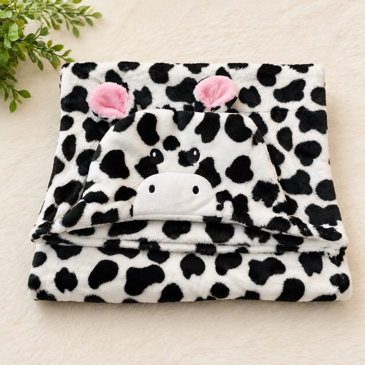 Plush Cow Print Hooded Baby Blanket