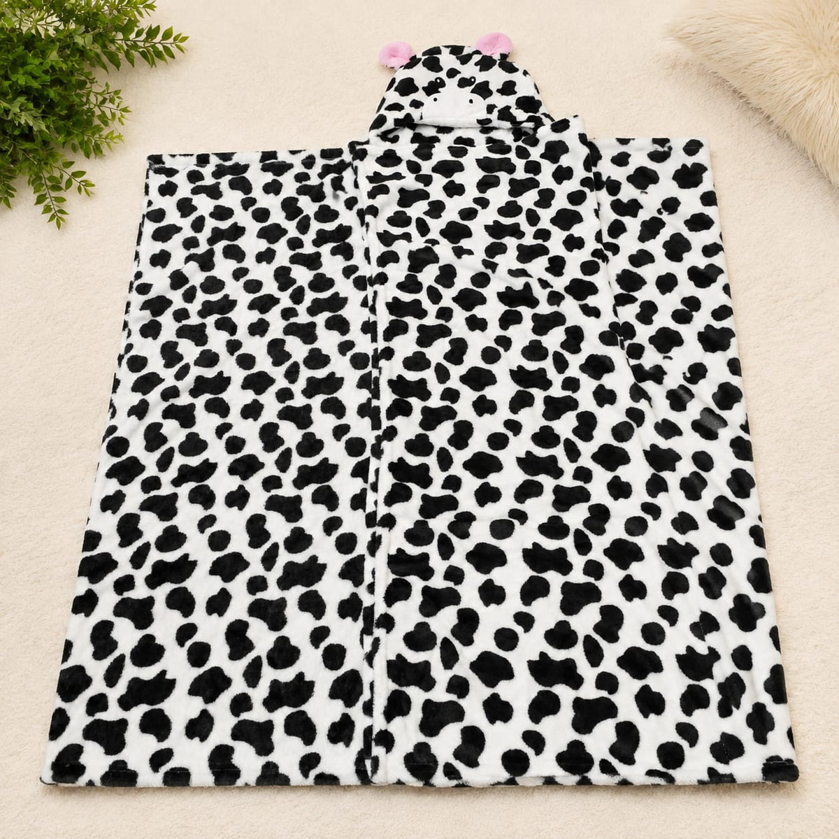 Plush Cow Print Hooded Baby Blanket