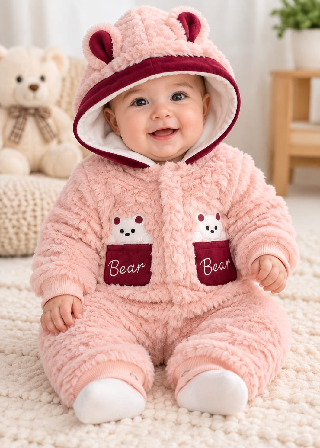 Cute Bear Furr Hooded Romper